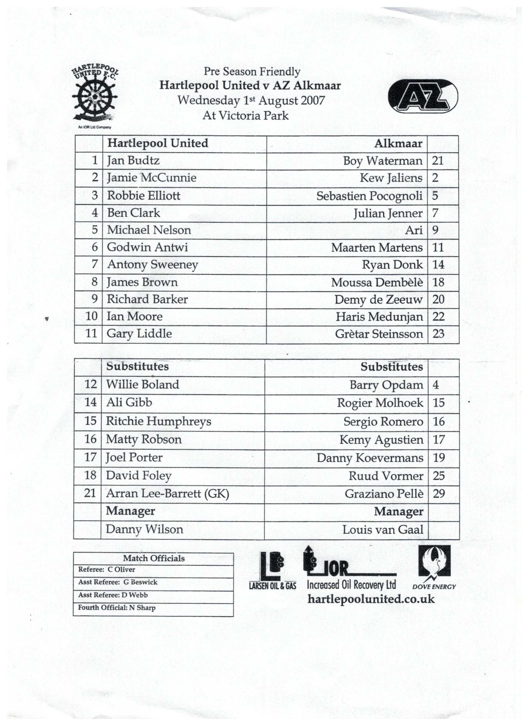 AZ Programma 1-aug-2007 Hartlepool United uit